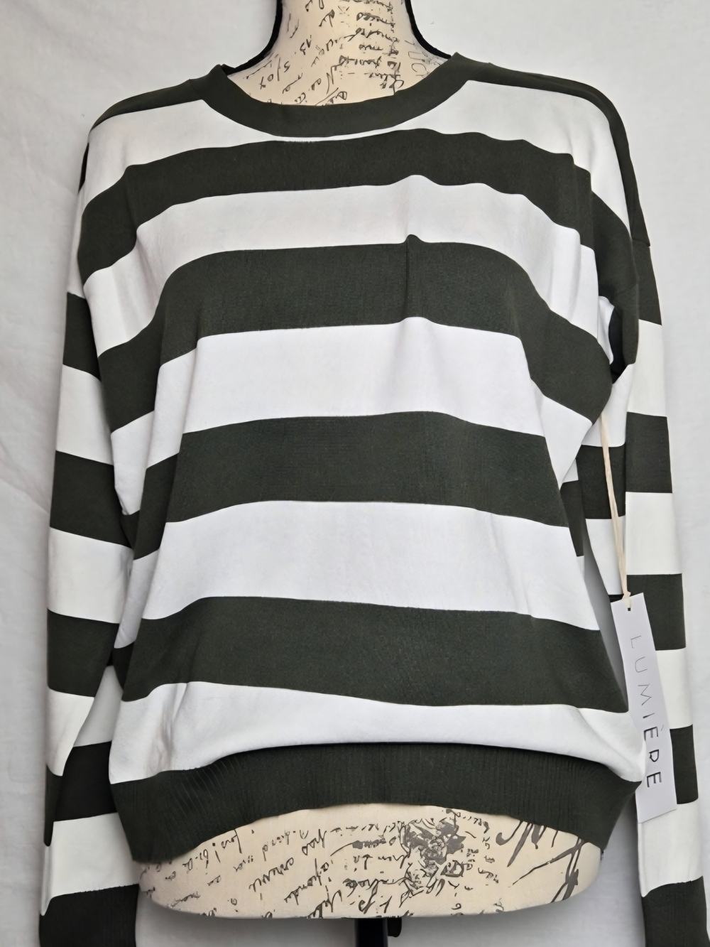NWT Lumiere Olive Green & White Bold Striped Open Back Sweater Top M